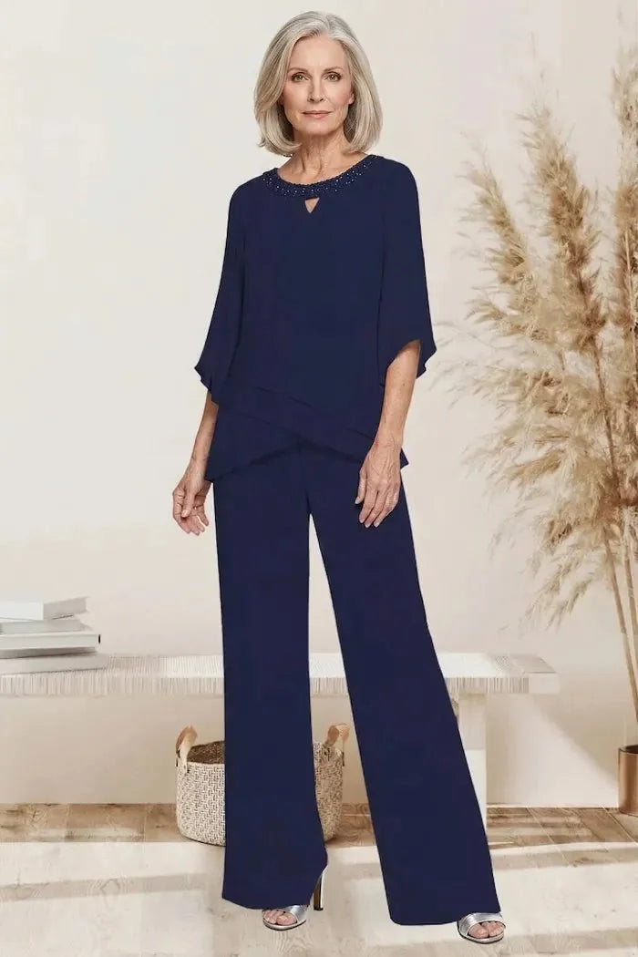 Marian Beaded Neckline Two-Piece Pants Set in Navy