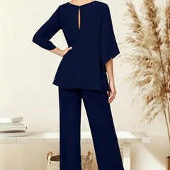 Marian Beaded Neckline Two-Piece Pants Set in Navy