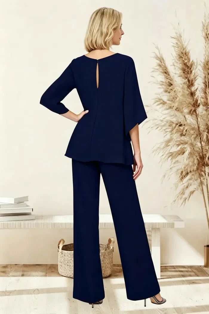 Marian Beaded Neckline Two-Piece Pants Set in Navy