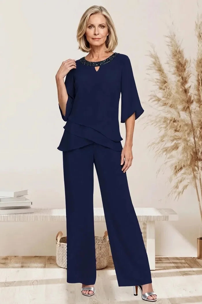 Marian Beaded Neckline Two-Piece Pants Set in Navy