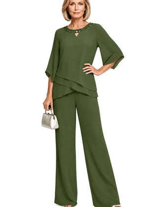 Marian Beaded Neckline Two-Piece Pants Set in Olive Green