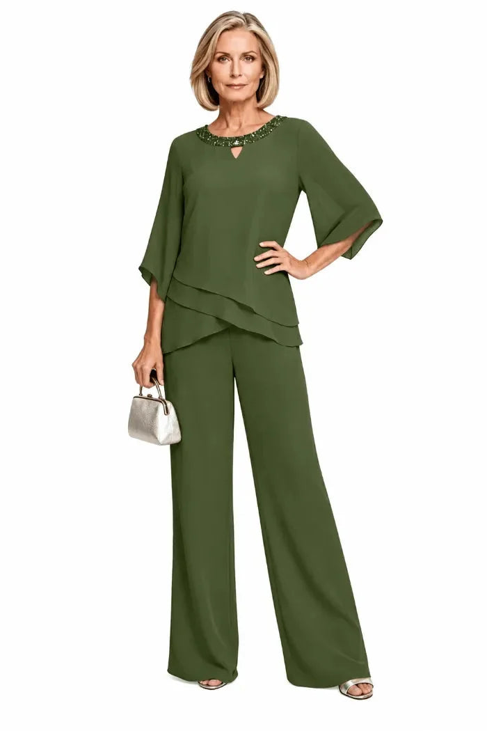 Marian Beaded Neckline Two-Piece Pants Set in Olive Green