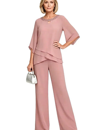 Marian Beaded Neckline Two-Piece Pants Set in Pink