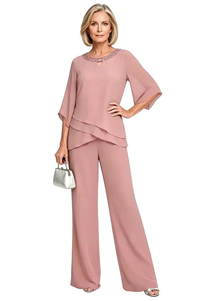 Marian Beaded Neckline Two-Piece Pants Set in Pink