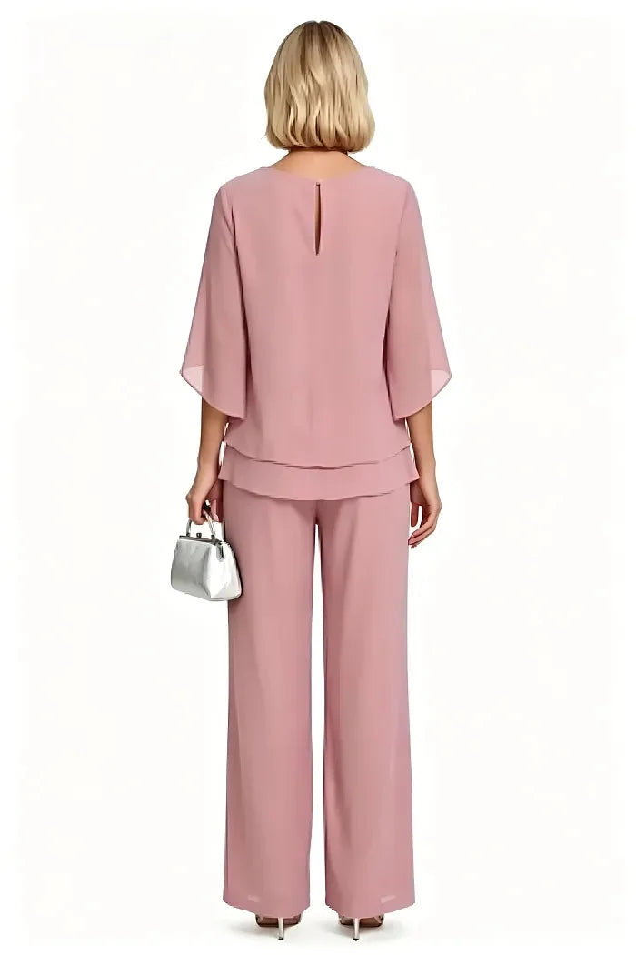 Marian Beaded Neckline Two-Piece Pants Set in Pink