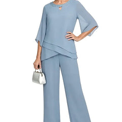 Marian Beaded Neckline Two-Piece Pants Set in Dusty Blue