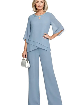 Marian Beaded Neckline Two-Piece Pants Set in Dusty Blue