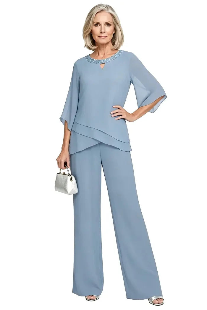 Marian Beaded Neckline Two-Piece Pants Set in Dusty Blue