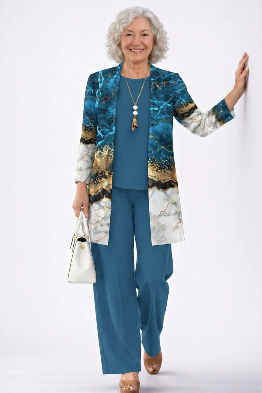 Marie Marble Print Three-Piece Set in Blue & Gold Marble