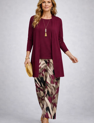Marilyn Abstract Print Three-Piece Set in Wine Red