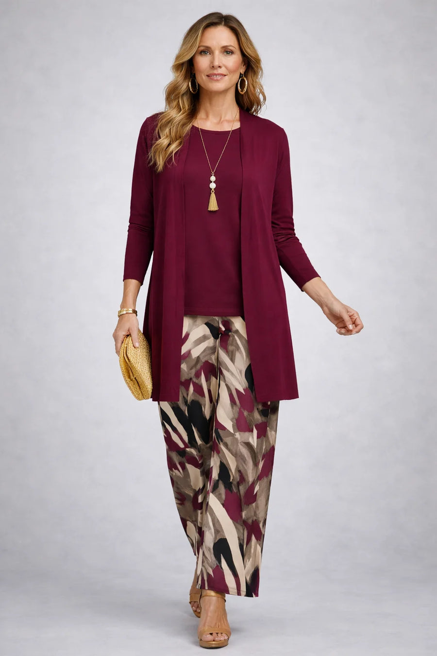 Marilyn Abstract Print Three-Piece Set in Wine Red
