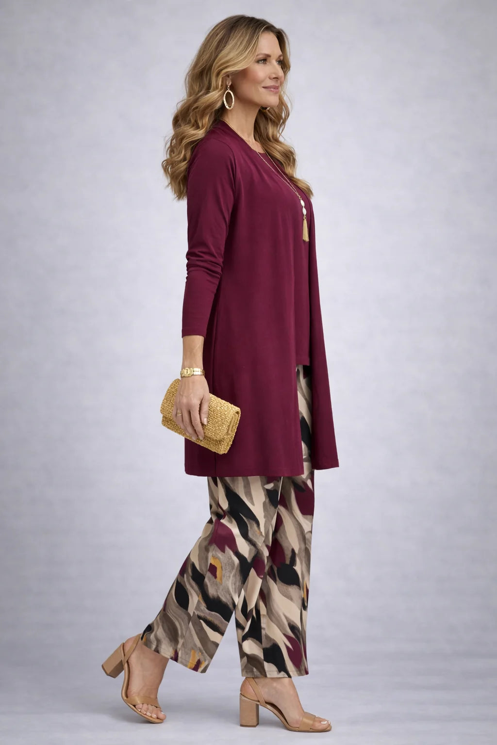 Marilyn Abstract Print Three-Piece Set in Wine Red