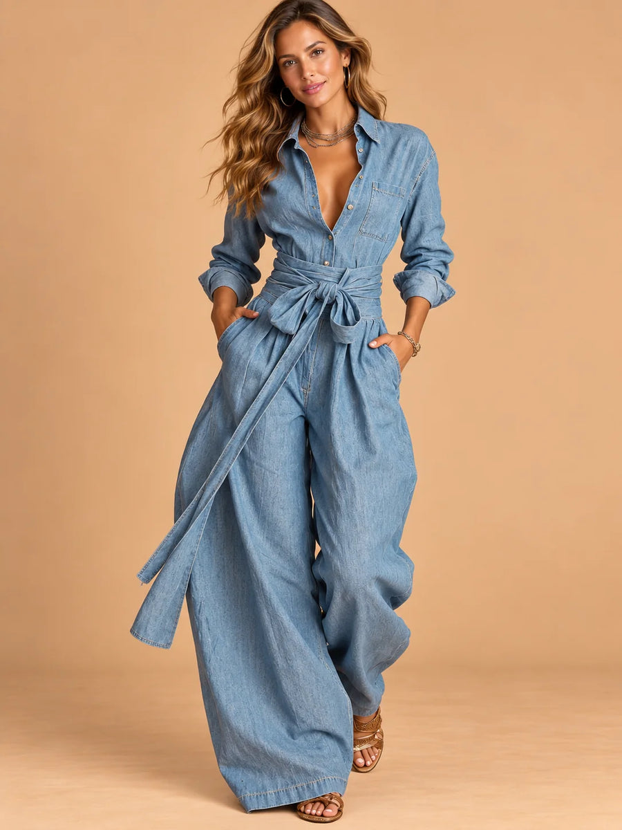Marjorie Tie-Waist Shirt Two-Piece Set in Light Blue