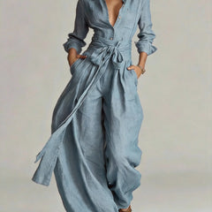Marjorie Tie-Waist Shirt Two-Piece Set in Light Blue