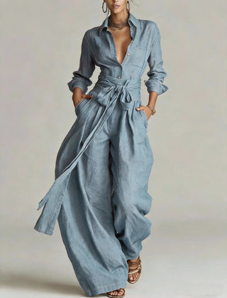 Marjorie Tie-Waist Shirt Two-Piece Set in Light Blue