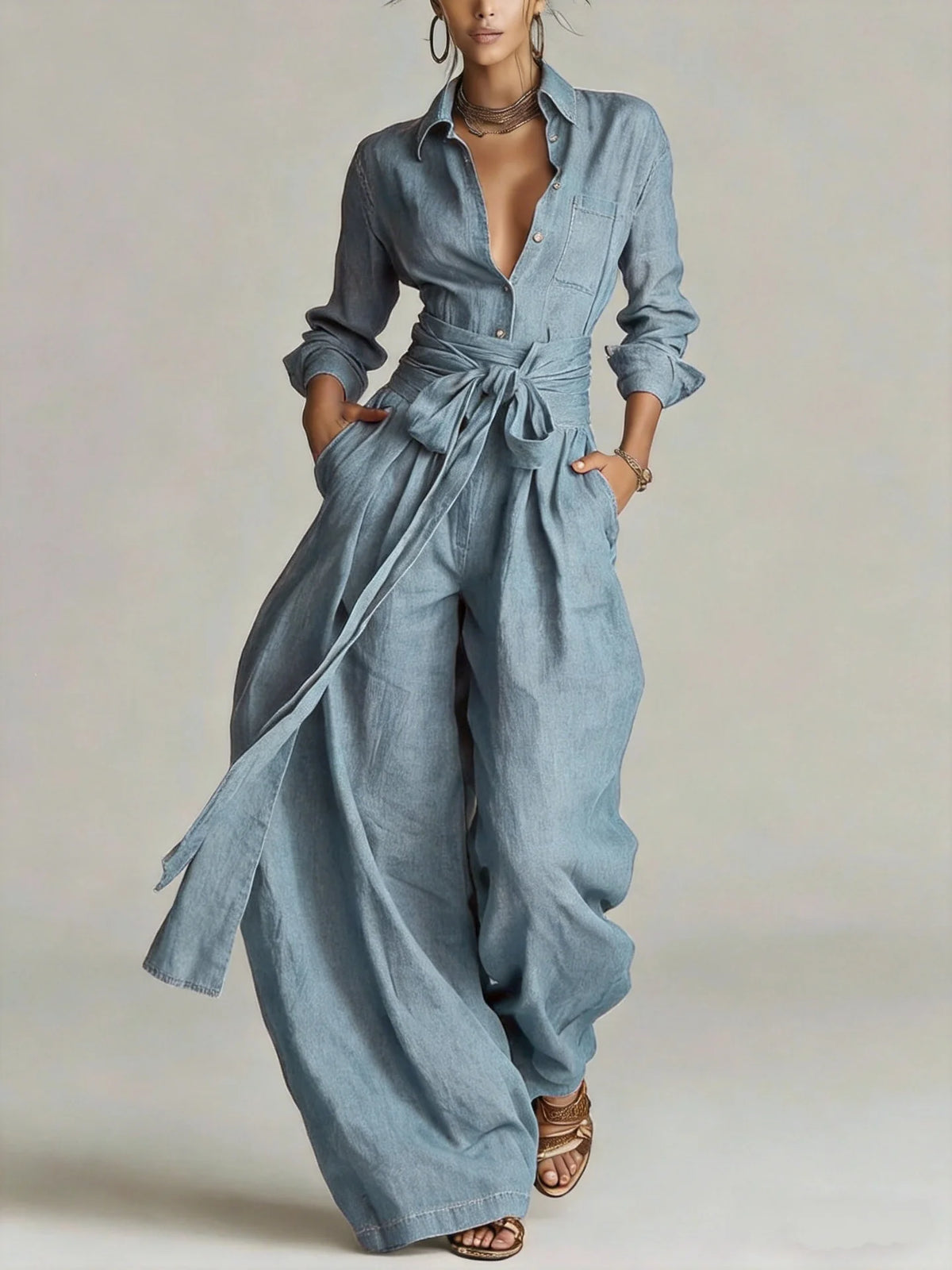 Marjorie Tie-Waist Shirt Two-Piece Set in Light Blue