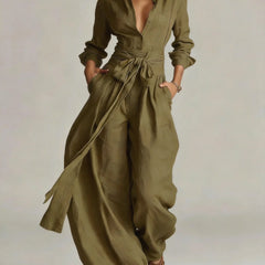 Marjorie Tie-Waist Shirt Two-Piece Set in Olive Green
