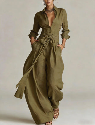 Marjorie Tie-Waist Shirt Two-Piece Set in Olive Green