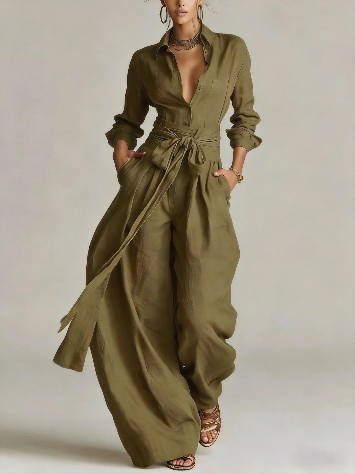Marjorie Tie-Waist Shirt Two-Piece Set in Olive Green