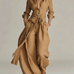 Marjorie Tie-Waist Shirt Two-Piece Set in Camel