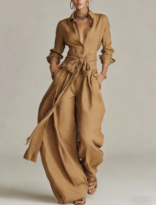 Marjorie Tie-Waist Shirt Two-Piece Set in Camel
