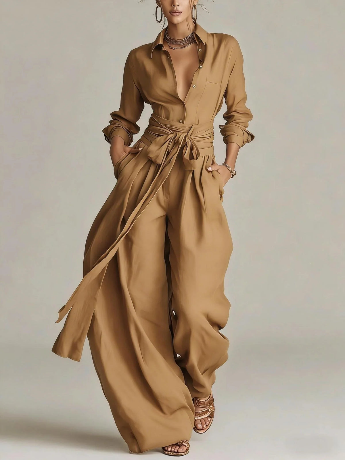 Marjorie Tie-Waist Shirt Two-Piece Set in Camel