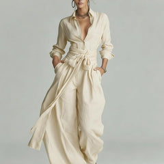 Marjorie Tie-Waist Shirt Two-Piece Set in Cream