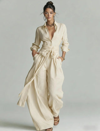 Marjorie Tie-Waist Shirt Two-Piece Set in Cream