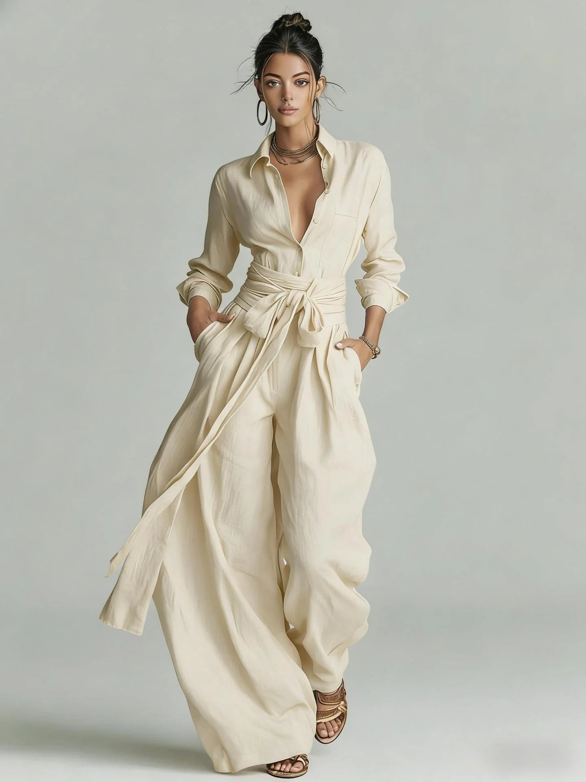 Marjorie Tie-Waist Shirt Two-Piece Set in Cream