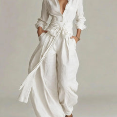 Marjorie Tie-Waist Shirt Two-Piece Set in White