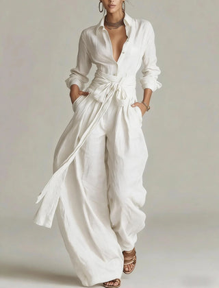 Marjorie Tie-Waist Shirt Two-Piece Set in White