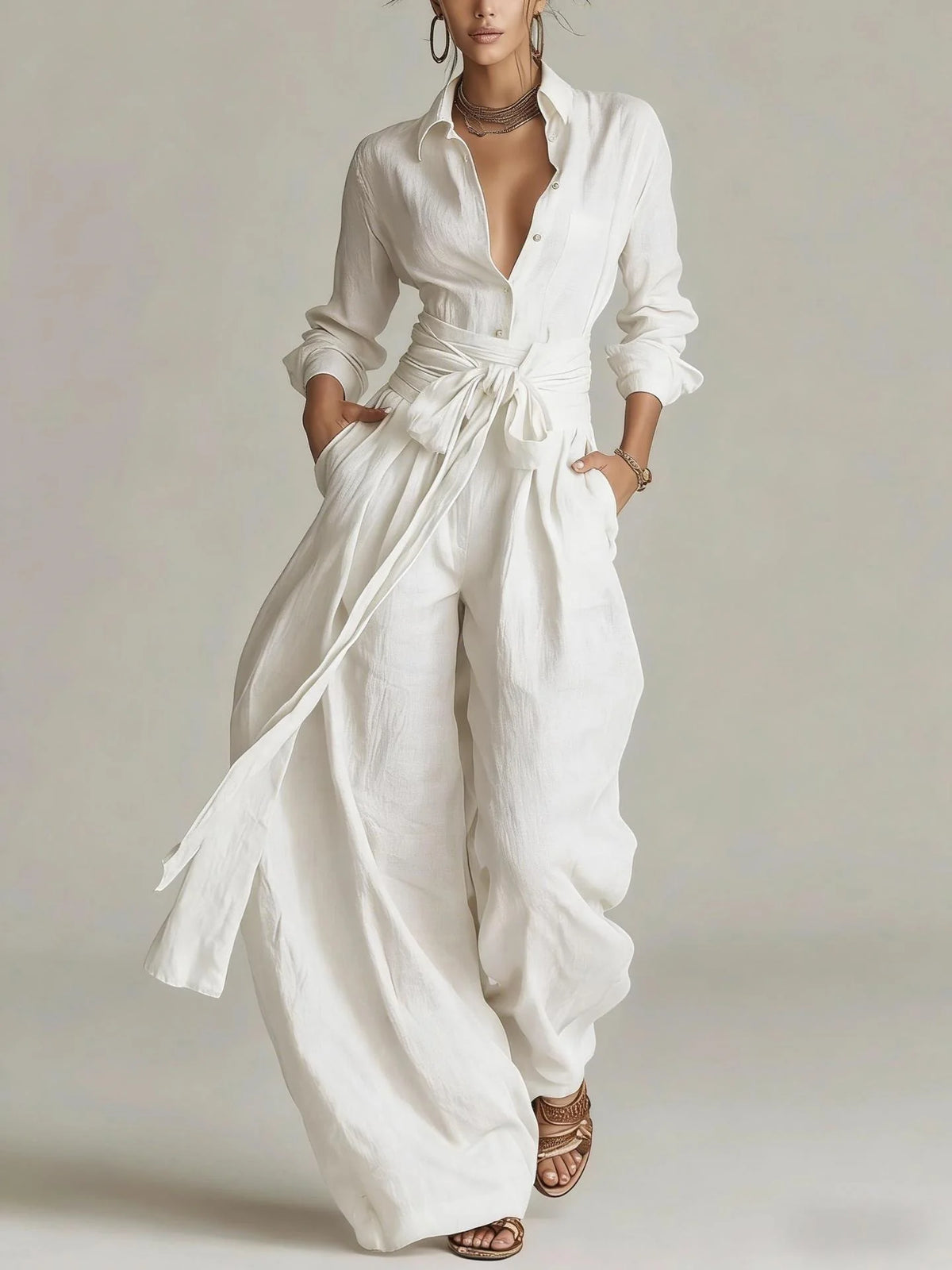 Marjorie Tie-Waist Shirt Two-Piece Set in White