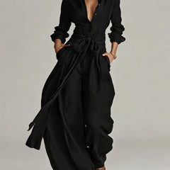 Marjorie Tie-Waist Shirt Two-Piece Set in Black