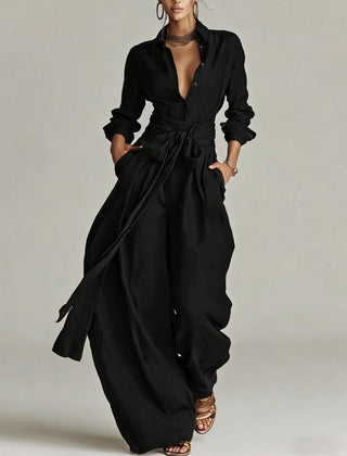 Marjorie Tie-Waist Shirt Two-Piece Set in Black