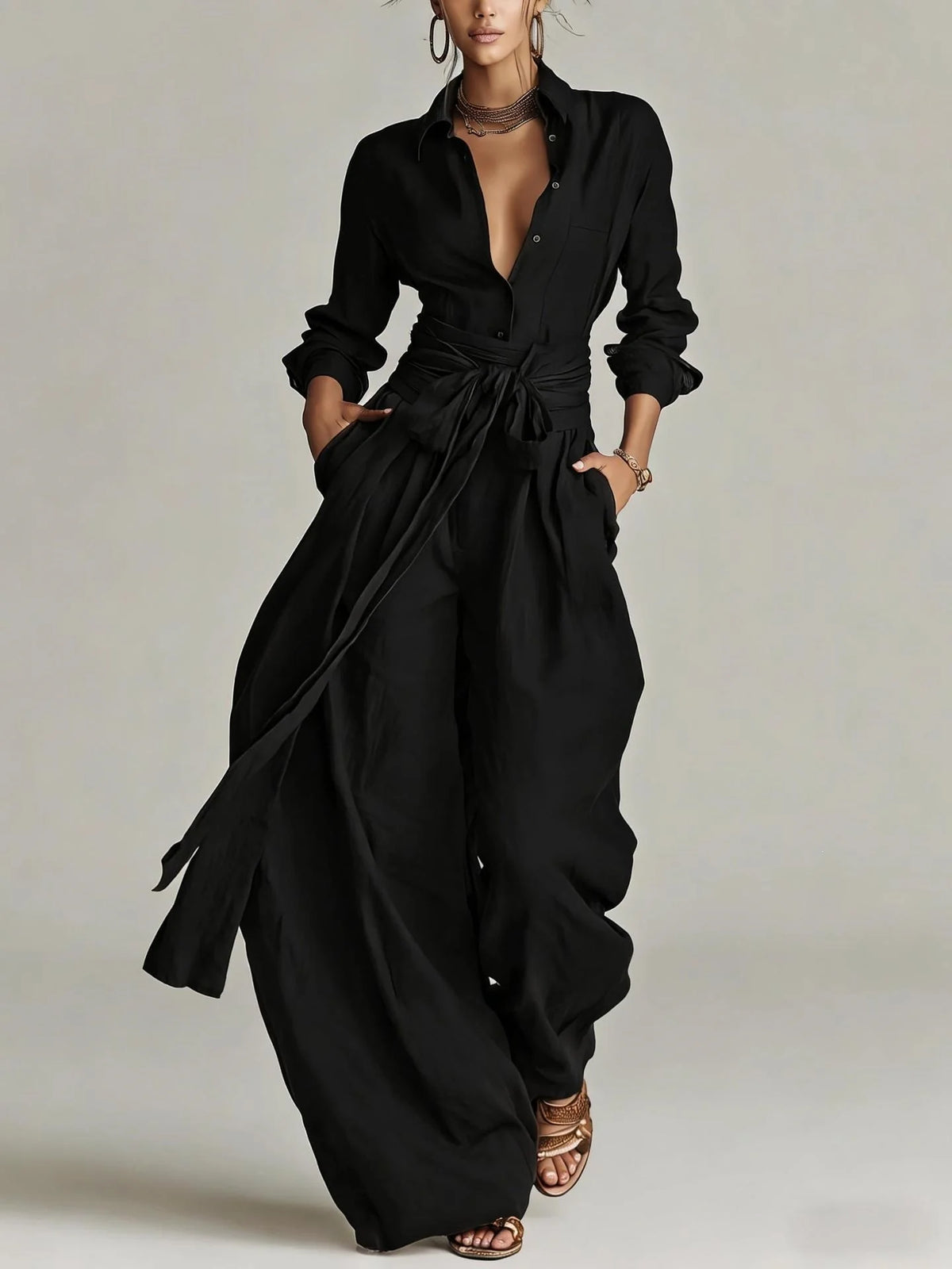 Marjorie Tie-Waist Shirt Two-Piece Set in Black