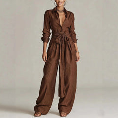 Marjorie Tie-Waist Shirt Two-Piece Set in Brown