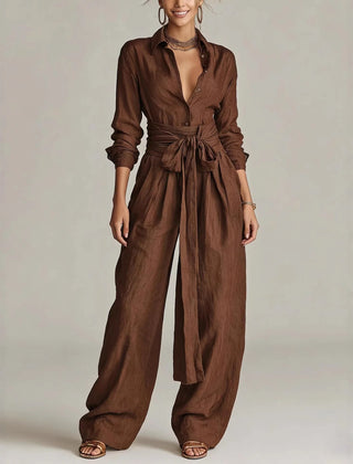 Marjorie Tie-Waist Shirt Two-Piece Set in Brown
