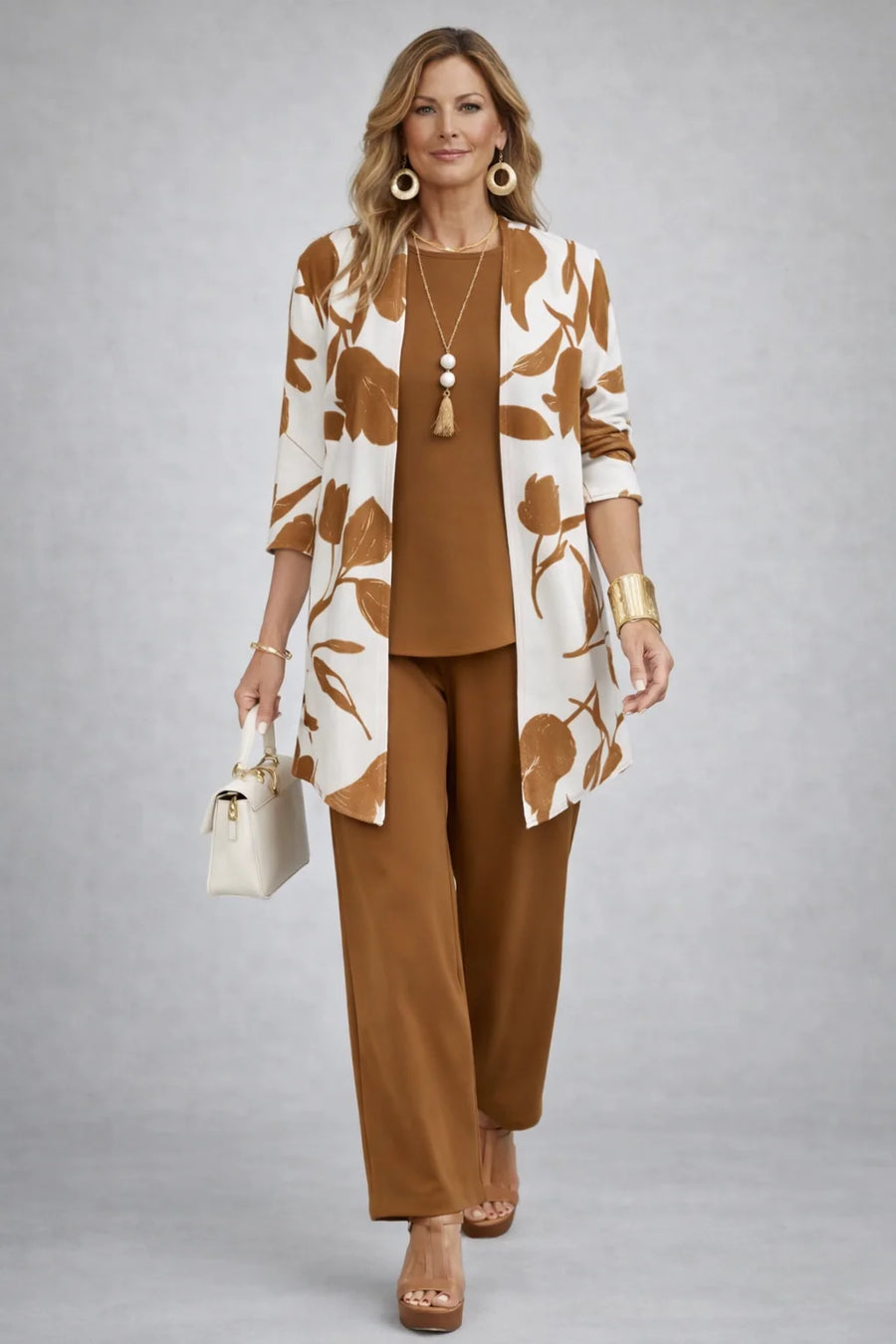 Mary Tulip Print Three-Piece Set in Brown