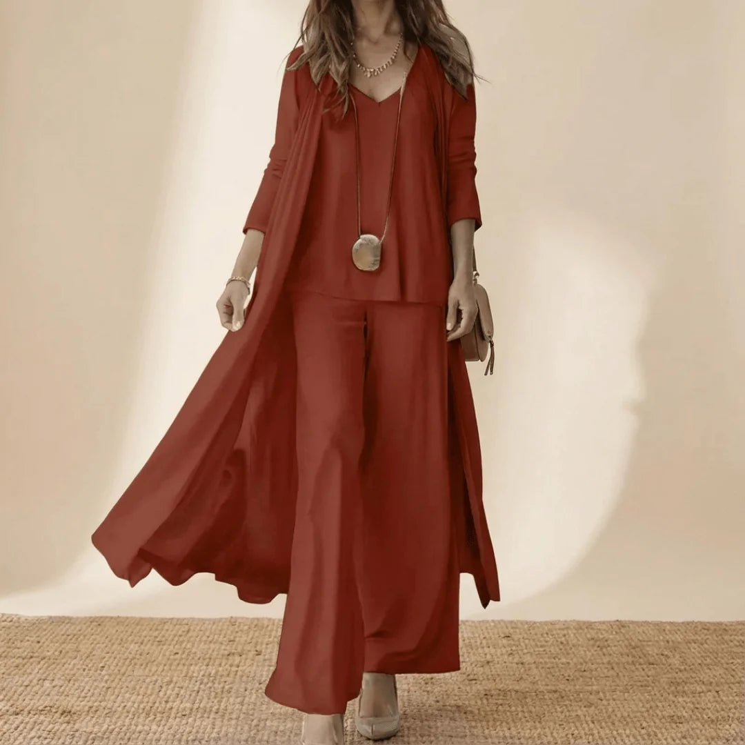 Matilda Long Duster Three-Piece Set in Burgundy