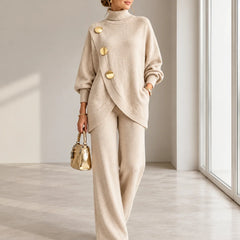 Maureen Button Turtleneck Two-Piece Set in Beige