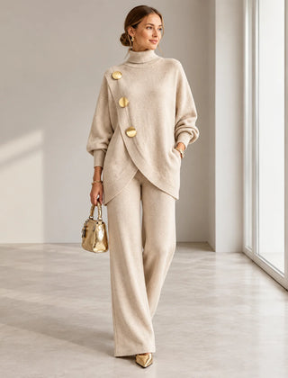 Maureen Button Turtleneck Two-Piece Set in Beige