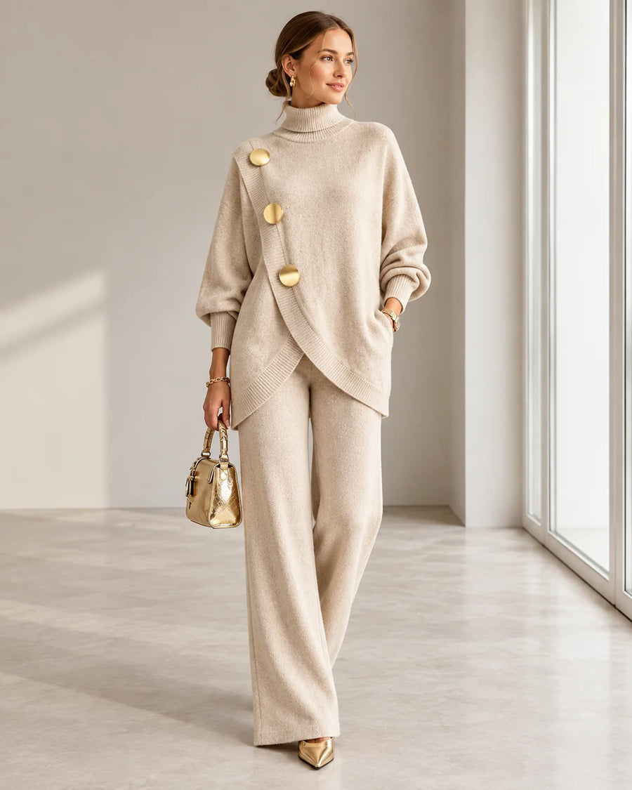 Maureen Button Turtleneck Two-Piece Set in Beige
