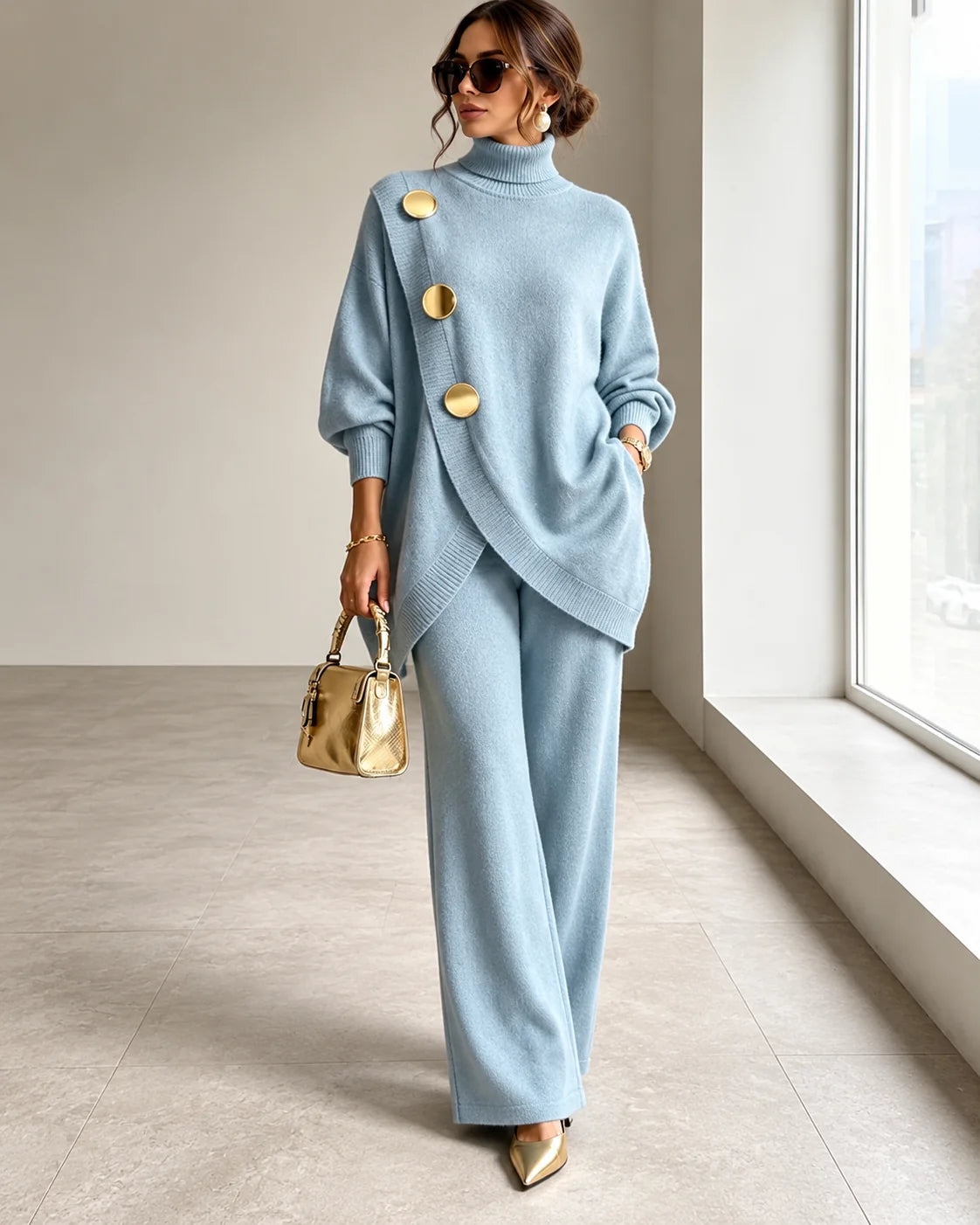 Maureen Button Turtleneck Two-Piece Set in Light Blue