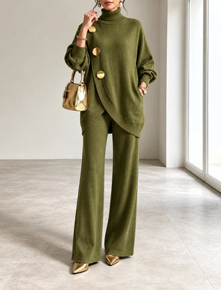 Maureen Button Turtleneck Two-Piece Set in Olive Green