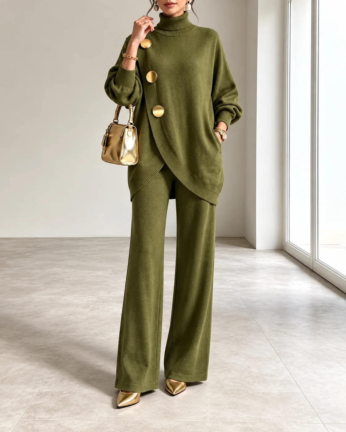 Maureen Button Turtleneck Two-Piece Set in Olive Green