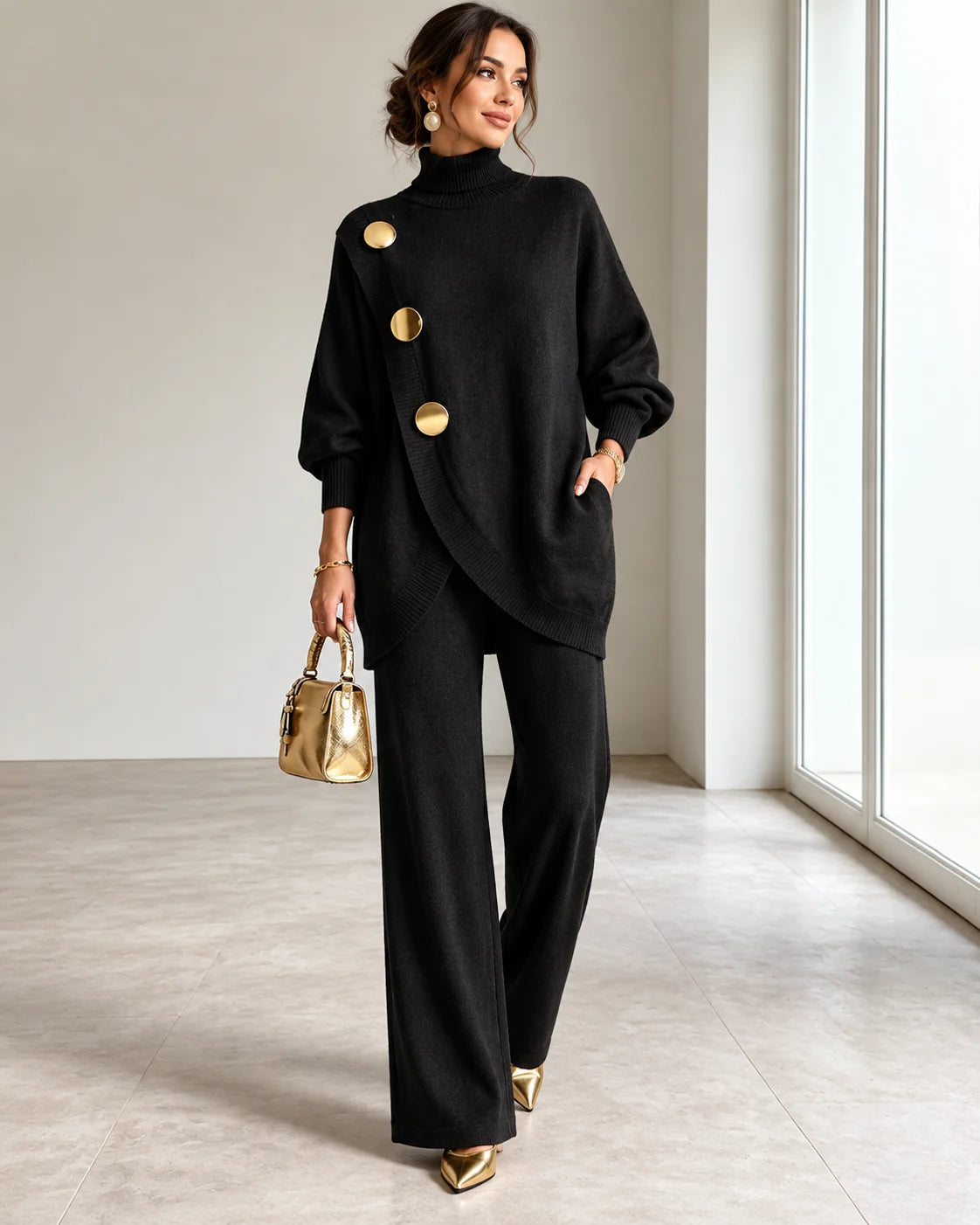 Maureen Button Turtleneck Two-Piece Set in Black