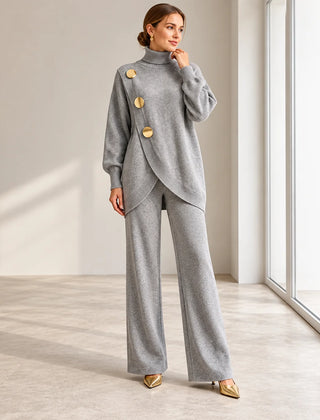 Maureen Button Turtleneck Two-Piece Set in Grey