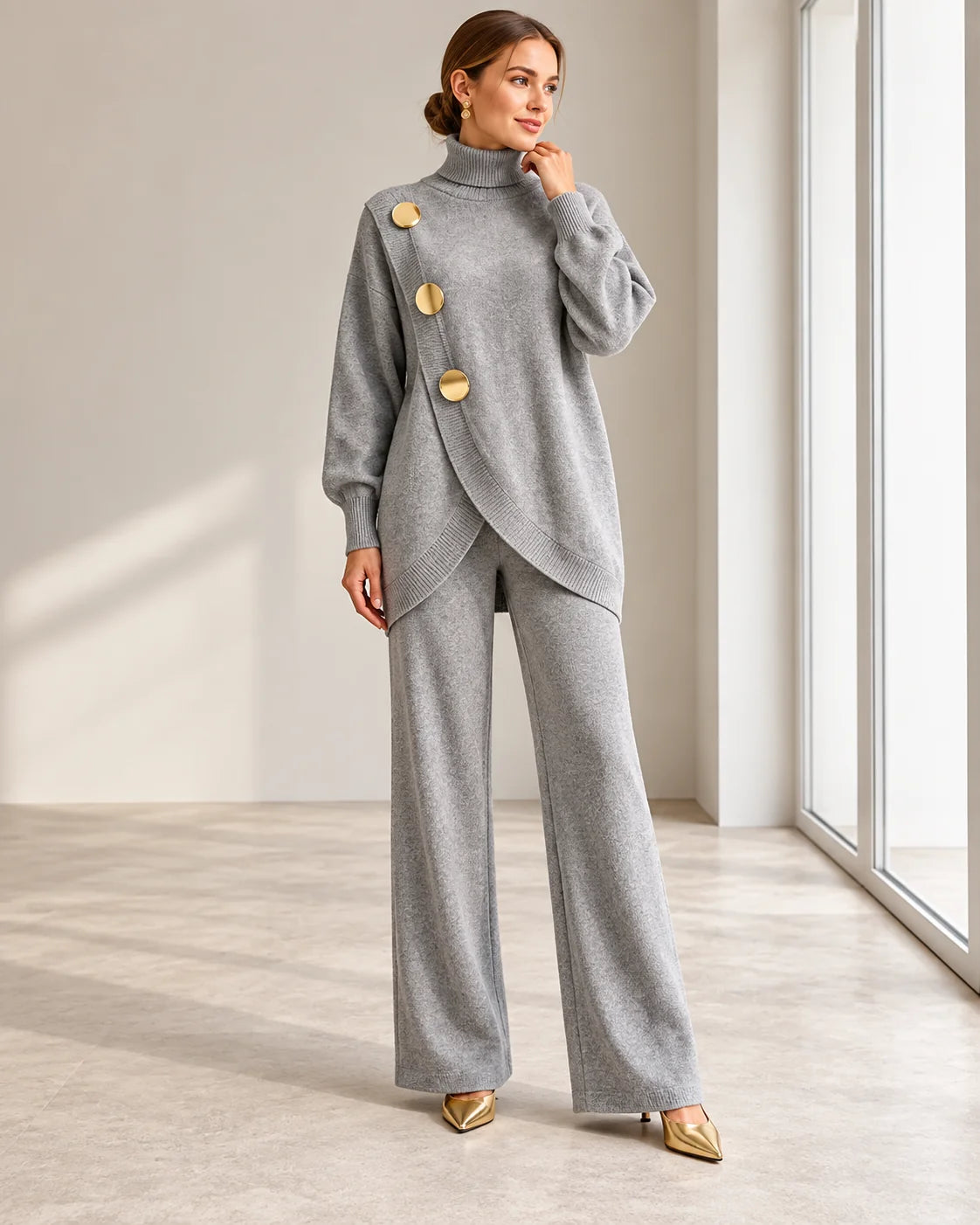 Maureen Button Turtleneck Two-Piece Set in Grey