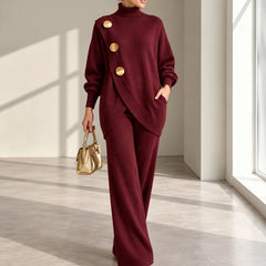 Maureen Button Turtleneck Two-Piece Set in Wine Red