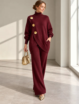 Maureen Button Turtleneck Two-Piece Set in Wine Red